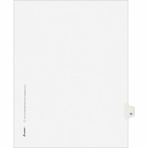 Avery® Individual Legal Exhibit Dividers - Avery Style - 1 Printed Tab(s) - Digit - 20 - 1 Tab(s)/Set - 8.5" Divider Width x 11" Divider Length - Letter - White Paper Divider - Paper Tab(s) - Recycled - Reinforced Tab, Rip Proof, Unpunched - 25 / Pack