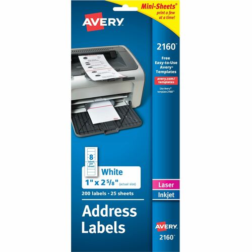 Avery® Mini-Sheets Address Label - 1" Width x 2 5/8" Length - Permanent Adhesive - Rectangle - Laser, Inkjet - White - Paper - 8 / Sheet - 25 Total Sheets - 200 Total Label(s) - 1