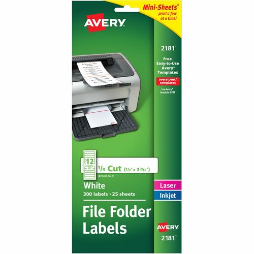 Avery® File Folder Labels - 21/32" Width x 3 7/16" Length - Permanent Adhesive - Rectangle - Laser, Inkjet - White - Paper - 12 / Sheet - 25 Total Sheets - 300 Total Label(s) - 1