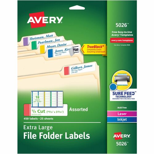 Avery® Extra-Large File Folder Labels - 15/16" Width x 3 7/16" Length - Permanent Adhesive - Rectangle - Laser, Inkjet - Blue, Green, Purple, Red, Yellow - Paper - 18 / Sheet - 25 Total Sheets - 450 Total Label(s) - 450 / Pack
