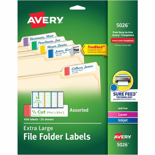 Avery Extra-Large File Folder Labels - 15/16" Width x 28 37/64 ft Length - Permanent Adhesive - Rectangle - Laser, Inkjet - Matte - Blue, Green, Purple, Red, Yellow - Paper - 18 / Sheet - 25 Total Sheets - 450 Total Label(s) - Permanent Adhesive, Reusable