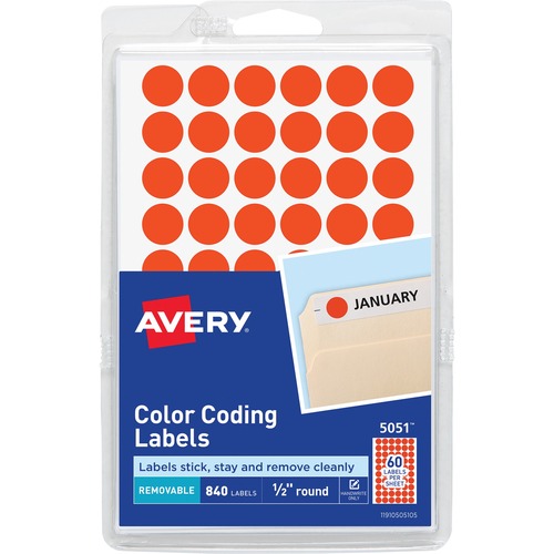 Avery® Color-Coding Labels - 1/2" Diameter - Removable Adhesive - Round - Red - Paper - 60 / Sheet - Self-adhesive - 840 / Pack