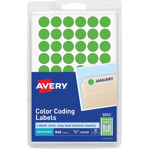 Avery® Color-Coding Labels - - Height1/2" Diameter - Removable Adhesive - Round - Neon Green - Paper - 60 / Sheet - 840 / Pack - Self-adhesive
