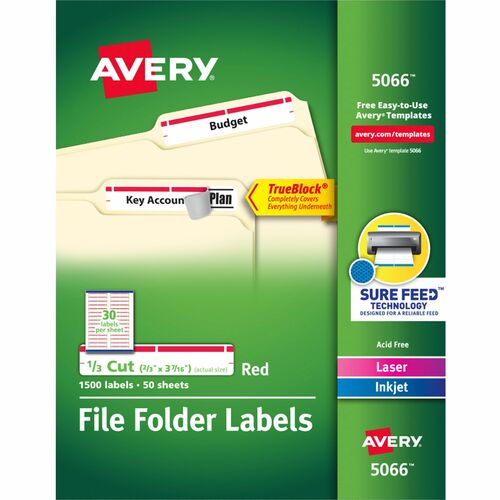 Avery® TrueBlock File Folder Labels - Permanent Adhesive - Rectangle - Laser, Inkjet - Red - Paper - 30 / Sheet - 50 Total Sheets - 1500 Total Label(s) - 1500 / Box