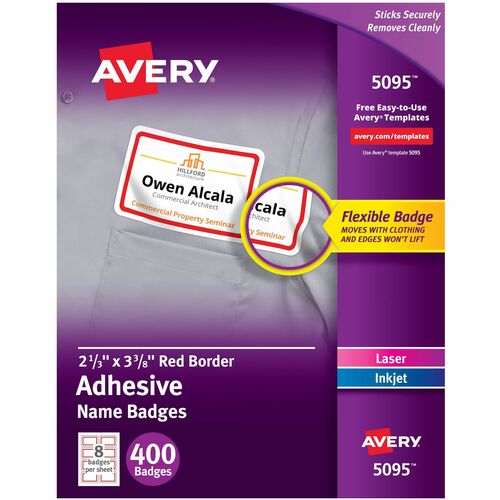 Avery® Name Badge Label - 2 21/64" Width x 3 3/8" Length - Removable Adhesive - Rectangle - Laser, Inkjet - White, Red - Film - 8 / Sheet - 50 Total Sheets - 400 Total Label(s) - 400 / Box