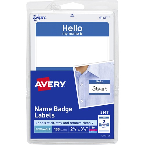 Avery® Border Print/Write Hello Name Badges - 2 11/32" Width x 3 3/8" Length - Removable Adhesive - Rectangle - Laser, Inkjet - White, Blue - Paper - 2 / Sheet - 50 Total Sheets - 100 Total Label(s) - 3