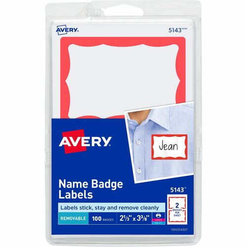 Avery® Border Print or Write Name Tags - 2 11/32" Width x 3 3/8" Length - Removable Adhesive - Rectangle - Laser, Inkjet - White, Red - Paper - 2 / Sheet - 50 Total Sheets - 100 Total Label(s) - 3