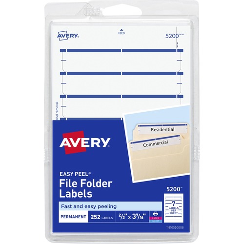 Avery® Permanent File Folder Labels - 11/16" Width x 3 7/16" Length - Permanent Adhesive - Rectangle - Laser, Inkjet - Dark Blue - 7 / Sheet - Self-adhesive - 252 / Pack