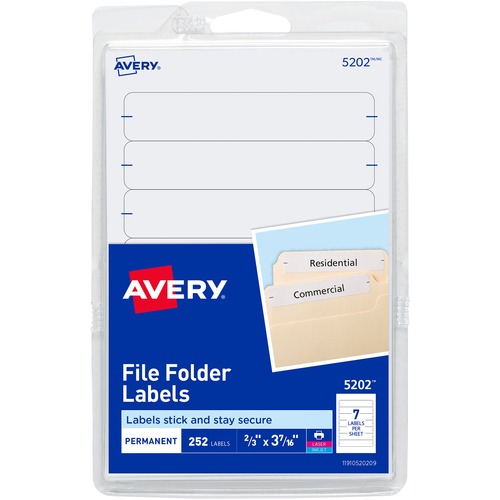 Avery® Permanent File Folder Labels - 11/16" Width x 3 7/16" Length - Permanent Adhesive - Rectangle - Laser, Inkjet - White - 7 / Sheet - 252 / Pack - Self-adhesive