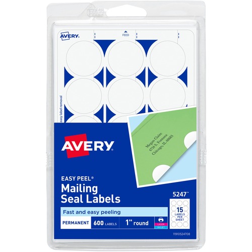 Avery® Mailing Seals, Permanent, 1" Diameter, 600 Labels (5247) - Matte - 600 / Pack ( - Ream per Case)FSC Mix - Permanent Adhesive, Laminated, Moisture Resistant, Water Resistant