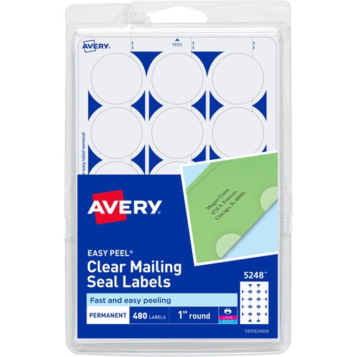 Avery® Avery Printable Mailing Seals, Clear, 1" Diameter, 480 Labels (5248) - Glossy - 480 / Pack - Permanent Adhesive, Laminated, Acid-free, Moisture Resistant, Water Resistant