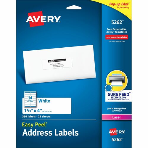 Avery® Easy Peel Mailing Laser Labels - 1 21/64" Width x 4" Length - Permanent Adhesive - Rectangle - Laser - White - Paper - 14 / Sheet - 25 Total Sheets - 350 Total Label(s) - 5
