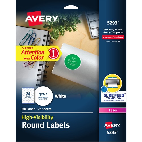 Avery® Round High Visibility Labels - - Width1 5/8" Diameter - Permanent Adhesive - Round - Laser - White - Paper - 24 / Sheet - 25 Total Sheets - 600 Total Label(s) - 600 / Pack