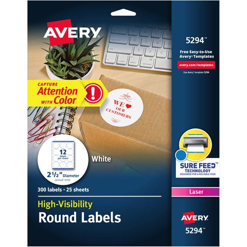 Avery® Round High Visibility Labels - - Width2 1/2" Diameter - Permanent Adhesive - Round - Laser - White - Paper - 12 / Sheet - 25 Total Sheets - 300 Total Label(s) - 300 / Pack