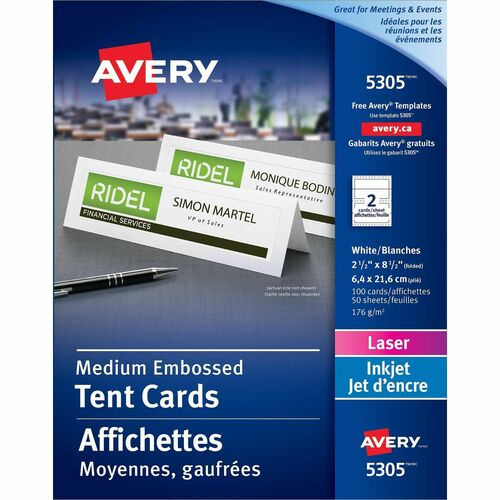 Avery® Printable Embossed Tent Cards - Uncoated - 2-Sided Printing - 97 Brightness - 2 1/2" x 8 1/2" - 100 / Box - Perforated, Heat Resistant, Heavyweight, Rounded Corner, Smudge-free, Jam-free, Embossed - White