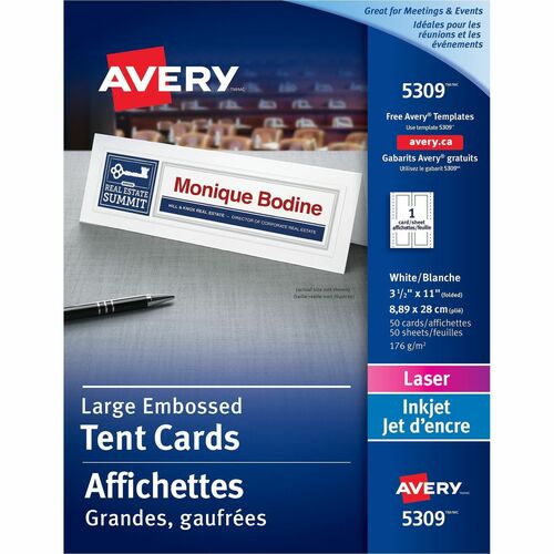Avery® Embossed Tent Cards - 97 Brightness - 3 1/2" x 11" - 50 / Box - Perforated, Heavyweight, Rounded Corner, Smudge-free, Jam-free, Embossed - White