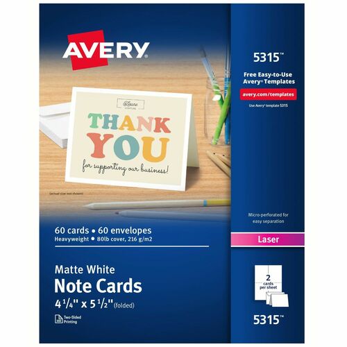 Avery® Printable Note Cards, Two-Sided Printing, 4-1/4" x 5-1/2" , 60 Cards (5315) - 97 Brightness - 4 1/4" x 5 1/2" - 1 / Box - Perforated, Heavyweight, Rounded Corner, Jam-free, Smudge-free - White