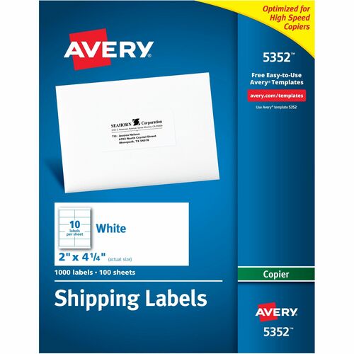 Avery® Shipping Label - 2" Width x 4 1/4" Length - Permanent Adhesive - Rectangle - White - Paper - 10 / Sheet - 100 Total Sheets - 1000 Total Label(s) - 1000 / Box