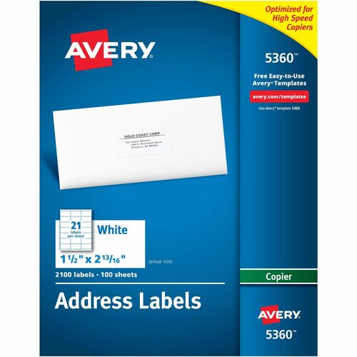 Avery® Copier Address Labels - 1 1/2" Width x 2 13/16" Length - Permanent Adhesive - Rectangle - White - Paper - 21 / Sheet - 100 Total Sheets - 2100 Total Label(s) - 2100 / Box