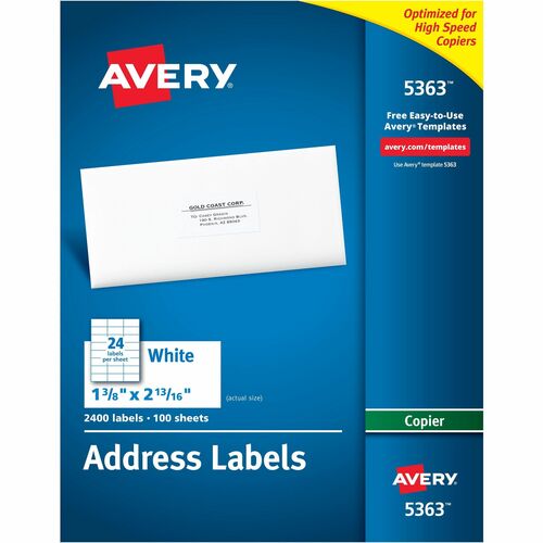 Avery® Copier Address Labels - 1 3/8" Width x 2 13/16" Length - Permanent Adhesive - Rectangle - White - Paper - 24 / Sheet - 100 Total Sheets - 2400 Total Label(s) - 2400 / Box