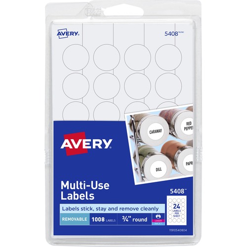 Avery® Removable ID Labels - - Height3/4" Diameter - Removable Adhesive - Circle - Laser, Inkjet - White - 1008 / Pack - Self-adhesive