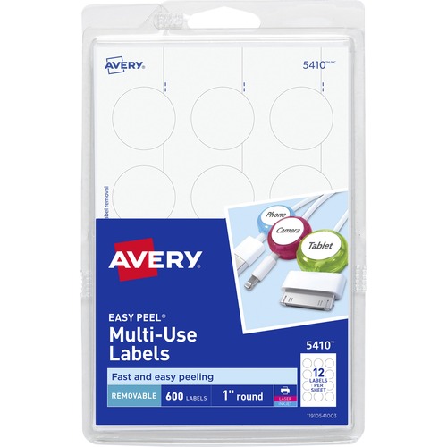 Avery® Removable ID Labels - - Height1" Diameter - Removable Adhesive - Circle - Inkjet, Laser - White - 600 / Pack - Self-adhesive