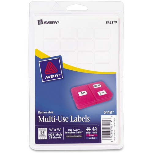 Avery® Removable ID Labels - 1/2" Width x 3/4" Length - Removable Adhesive - Rectangle - Laser, Inkjet - White - 1008 / Pack - Self-adhesive