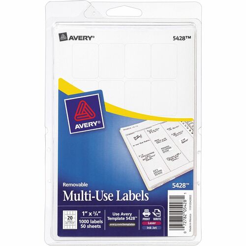 Avery® Removable ID Labels - 1" Width x 3/4" Length - Removable Adhesive - Rectangle - Laser, Inkjet - White - 1000 / Pack - Self-adhesive