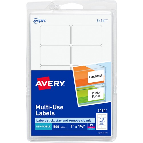 Avery® Removable ID Labels - 1 1/2" Width x 1" Length - Removable Adhesive - Rectangle - Laser, Inkjet - White - 500 / Pack - Self-adhesive