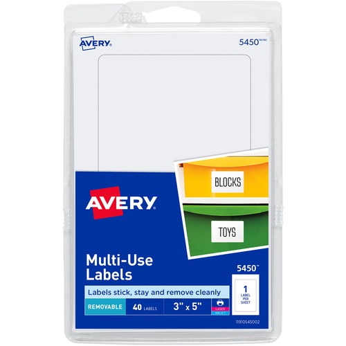 Avery® Removable ID Labels - 5" Width x 3" Length - Removable Adhesive - Rectangle - Laser, Inkjet - White - 40 / Pack - Self-adhesive