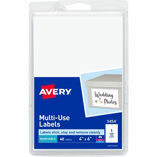 Avery® Removable ID Labels - 6" Width x 4" Length - Removable Adhesive - Rectangle - Laser, Inkjet - White - 40 / Pack - Self-adhesive