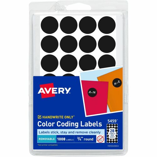 Avery® Color-Coding Labels - - Height3/4" Diameter - Removable Adhesive - Round - Laser, Inkjet - Black - Paper - 28 / Sheet - 1008 / Pack - Self-adhesive