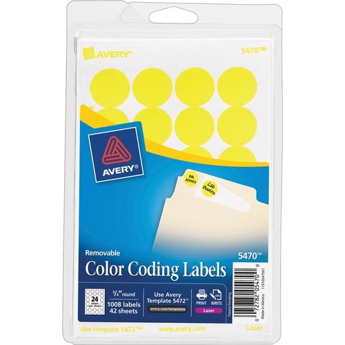 Avery® Color-Coding Labels - - Height3/4" Diameter - Removable Adhesive - Round - Laser - Neon Yellow - 24 / Sheet - 1008 / Pack