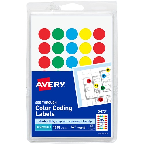 Avery® Color Coded Label - - Width3/4" Diameter - Removable Adhesive - Round - Green, Light Blue, Red, Yellow - Film - 35 / Sheet - 29 Total Sheets - 1015 Total Label(s) - 1000 / Pack