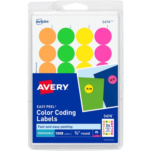 Avery® Color Coded Label - - Width3/4" Diameter - Removable Adhesive - Round - Laser - Neon Green, Neon Orange, Neon Red, Neon Yellow - Paper - 24 / Sheet - 42 Total Sheets - 1008 Total Label(s) - 3