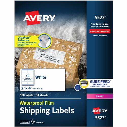 Avery® Waterproof Labels, 2" x 4" , 500 Total (05523) - Waterproof - 2" Width x 4" Length - Permanent Adhesive - Rectangle - Laser - White - Film - 10 / Sheet - 50 Total Sheets - 500 Total Label(s) - 5 - Permanent Adhesive, Durable, Stick & Stay, Cust