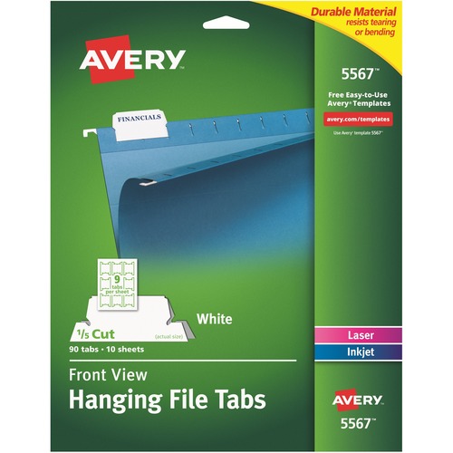 Avery® Print/Write On Hanging File Tabs - 1/5 - Letter - 8.50" Width x 11" Length - Permanent - Matte White Film Tab(s) - 90 / Pack