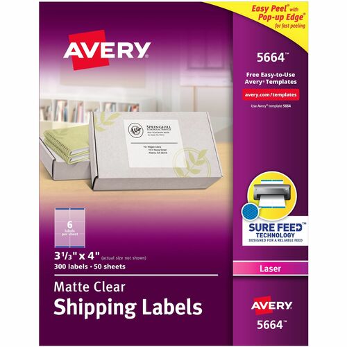 Avery® Avery® Clear Shipping Labels, Sure Feed, 3-1/3" x 4" 300 Labels (15664) - 3 21/64" Width x 4" Length - Permanent Adhesive - Rectangle - Laser - Clear - Film - 6 / Sheet - 50 Total Sheets - 300 Total Label(s) - 300 / Box - Permanent Adhesive