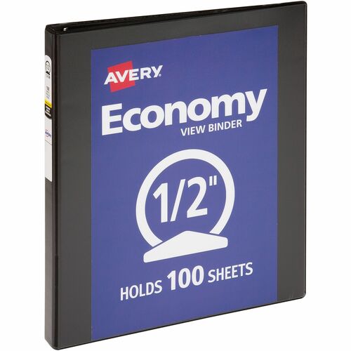 Avery® Economy View Binder - 1/2" Binder Capacity - Letter - 8 1/2" x 11" Sheet Size - 100 Sheet Capacity - Fastener(s): 3 x Round Ring - Pocket(s): 2, Internal - Vinyl, Chipboard - Black - 1 lb - Gap-free Ring, Exposed Rivet, Non Locking Mechanism, C