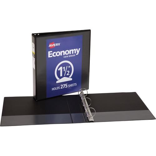 Avery® Economy View Binder - 1 1/2" Binder Capacity - Letter - 8 1/2" x 11" Sheet Size - 275 Sheet Capacity - Fastener(s): 3 x Round Ring - Pocket(s): 2, Internal - Vinyl, Chipboard - Black - 15.84 lb - Gap-free Ring, Exposed Rivet, Clear Overlay, Non