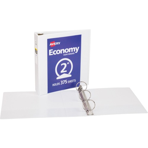 Avery® Economy View Binder - 2" Binder Capacity - Letter - 8 1/2" x 11" Sheet Size - 375 Sheet Capacity - Fastener(s): 3 x Round Ring - Pocket(s): 2, Internal - Vinyl - White - 1.15 lb - Gap-free Ring, Rivet, Clear Overlay, Non Locking Mechanism - 1 E