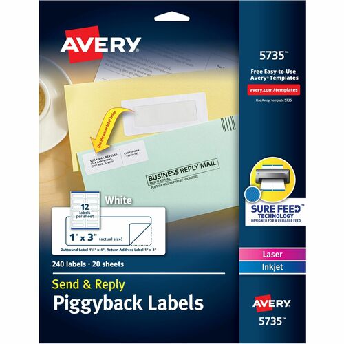 Avery® Send & Reply Piggyback Labels - 1" Width x 3" Length - Permanent Adhesive - Rectangle - Laser, Inkjet - White - Paper - 12 / Sheet - 20 Total Sheets - 240 Total Label(s) - 240 / Pack