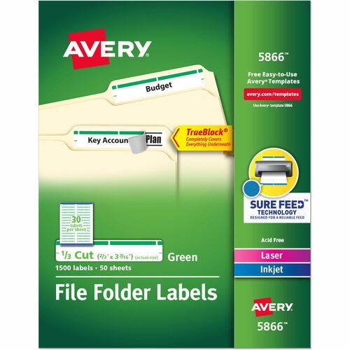 Avery® TrueBlock File Folder Labels - Permanent Adhesive - Rectangle - Laser, Inkjet - Green - Paper - 30 / Sheet - 50 Total Sheets - 1500 Total Label(s) - 1500 / Box