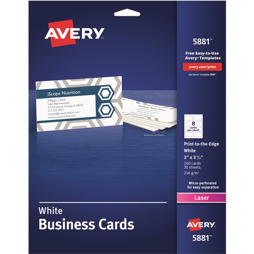 Avery® Sure Feed Business Cards - 97 Brightness - 3 1/2" x 2" - 80 lb Basis Weight - 216 g/m² Grammage - 160 / Pack - Perforated, Heavyweight, Rounded Corner, Print-to-the-edge, Jam-free, Uncoated, Print-to-the-edge, Recyclable, Biodegradable - W