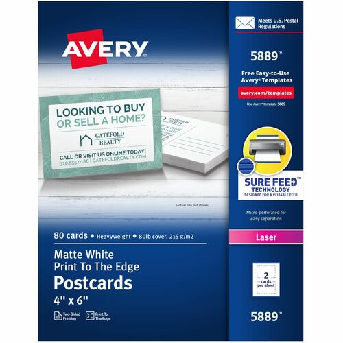Avery® Sure Feed Postcards - 97 Brightness - 6" x 4" - 80 / Box - Perforated, Heavyweight, Rounded Corner, Uncoated - White