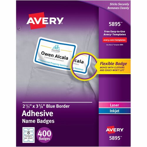 Avery® Adhesive Name Badges - 2 21/64" Width x 3 3/8" Length - Removable Adhesive - Rectangle - Laser, Inkjet - White, Blue - Film - 8 / Sheet - 50 Total Sheets - 400 Total Label(s) - 400 / Box