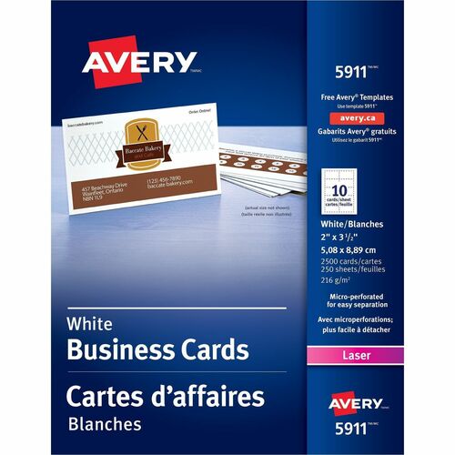 Avery® Sure Feed Business Cards - 97 Brightness - 2" x 3 1/2" - 80 lb Basis Weight - 216 g/m² Grammage - 2500 / Box - Perforated, Heavyweight, Jam-free, Smooth Edge, Uncoated, Perforated, Recyclable - White