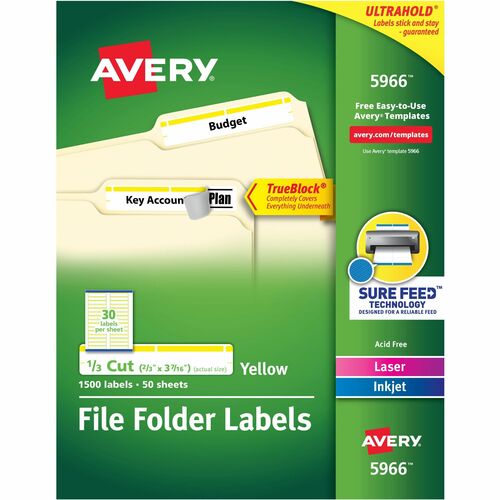 Avery TrueBlock File Folder Labels - 21/32" Width x 3 7/16" Length - Permanent Adhesive - Rectangle - Laser, Inkjet - Matte - Yellow - Paper - 30 / Sheet - 50 Total Sheets - 1500 Total Label(s) - 1500 / Box - Permanent Adhesive, Stick & Stay, Jam Resistan