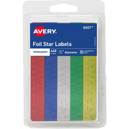 Avery® Assorted Foil Star Labels - Learning Theme/Subject - Star Shape - Permanent Adhesive - 0.50" Height - Red, Blue, Silver, Green, Gold - Paper - 6