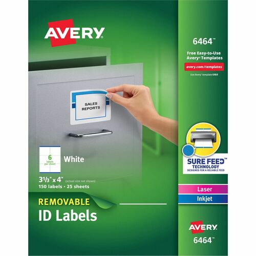 Avery® Removable I.D. Labels - 3 21/64" Width x 4" Length - Removable Adhesive - Rectangle - Laser, Inkjet - White - Paper - 6 / Sheet - 25 Total Sheets - 150 Total Label(s) - 150 / Pack